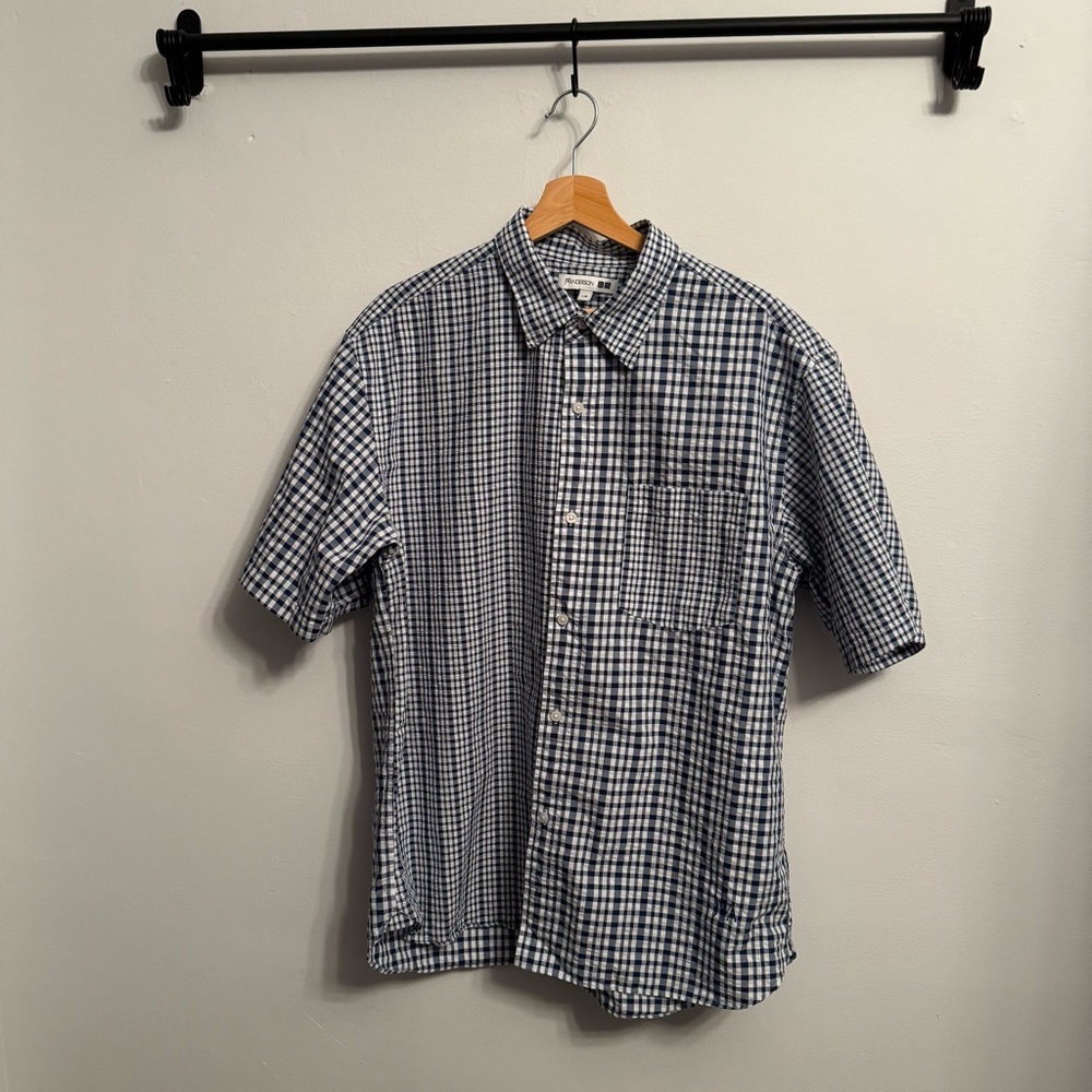 Men's Uniqlo JW Anderson Blue and white Checkered Seersucker Short Sleeve Shirt